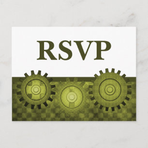 Steampunk-Zahnräder-RSVP-Postkarte, Grün Einladungspostkarte