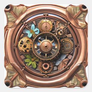 Steampunk-Zahnräder und Blumen Kupfer und Gold Met Quadratischer Aufkleber