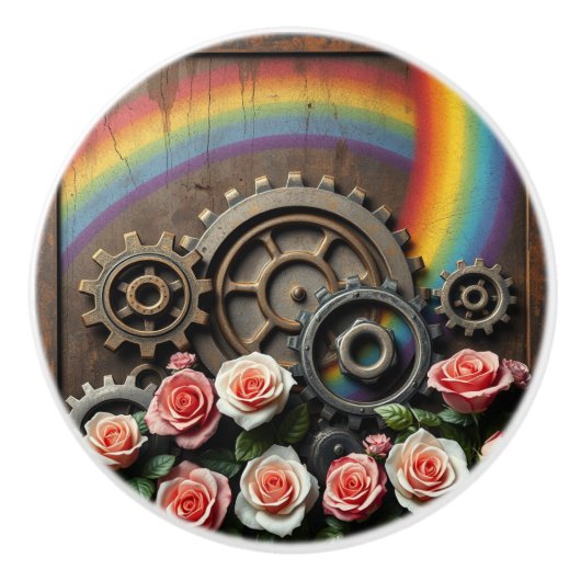Steampunk-Zahnräder und Regenbogen Keramikknauf (Vorderseite)