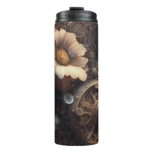 Steampunk-Zahnräder und weiße Blumen  Thermosbecher