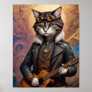 Steampunkatze in Lederjacke, Gitarre spielen - Poster