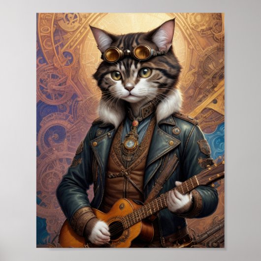 Steampunkatze in Lederjacke, Gitarre spielen - Poster (Vorne)