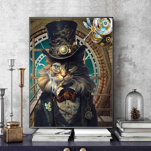 Steampunkatze in Uhrturmposter Fotodruck