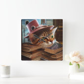 Steampunkatze mit Büchern Wall Clock Quadratische Wanduhr (Zuhause)