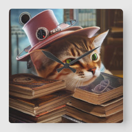 Steampunkatze mit Büchern Wall Clock Quadratische Wanduhr