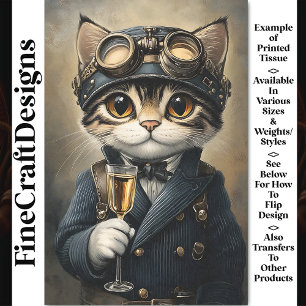 Steampunkatze mit Champagne AG8Z Decoupage Seidenpapier