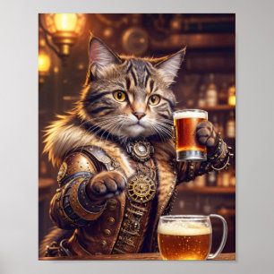 Steampunkatze trinkt Bier in einem Pub - Poster