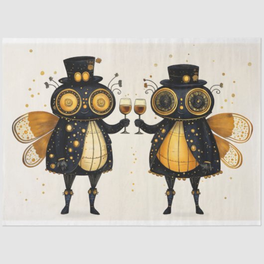 Steampunkbienen Toasting mit Wein AM8 Decoupage Seidenpapier (Vorderseite)