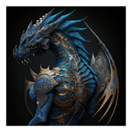 Steampunkblau-Drache mit Metalwigne KI Kunst Poster