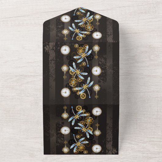 Steampunkdrachenfliegen auf braunem, gestreiften H All In One Einladung (Außenbereich)