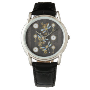 Steampunkdrachenfliegen auf braunem, gestreiften H Armbanduhr