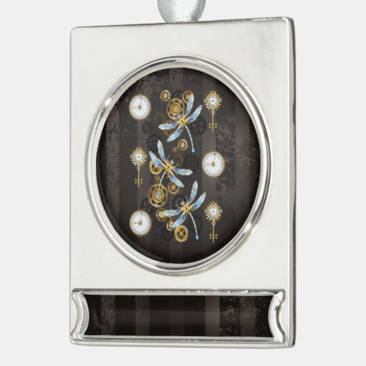 Steampunkdrachenfliegen auf braunem, gestreiften H Banner-Ornament Silber (Links)