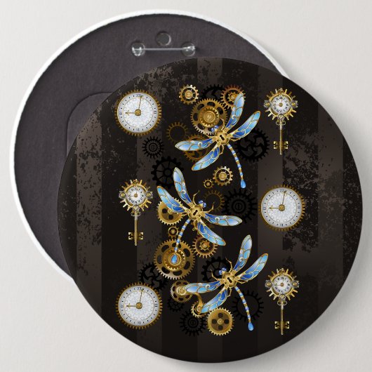 Steampunkdrachenfliegen auf braunem, gestreiften H Button (Vorne & Hinten)