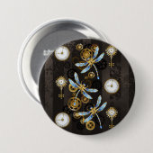 Steampunkdrachenfliegen auf braunem, gestreiften H Button (Vorne & Hinten)