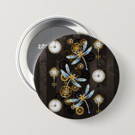 Steampunkdrachenfliegen auf braunem, gestreiften H Button (Vorne & Hinten)