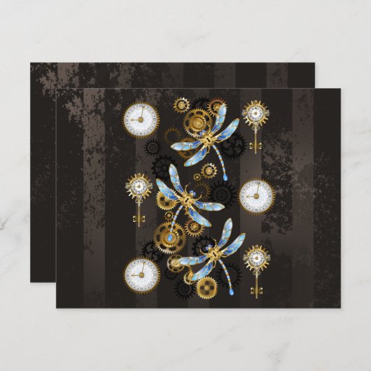 Steampunkdrachenfliegen auf braunem, gestreiften H Dankeskarte (Vorne/Hinten)