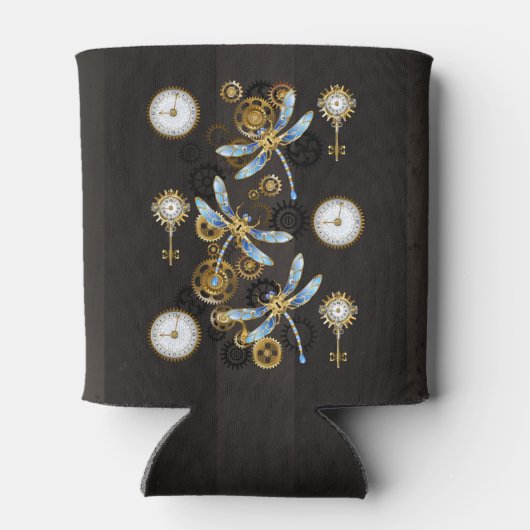 Steampunkdrachenfliegen auf braunem, gestreiften H Dosenkühler (Rückseite)