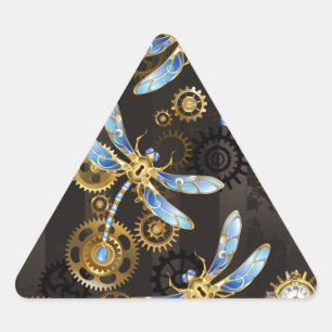 Steampunkdrachenfliegen auf braunem, gestreiften H Dreieckiger Aufkleber