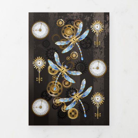 Steampunkdrachenfliegen auf braunem, gestreiften H Dreifach Gefaltete Ankündigung (Cover)