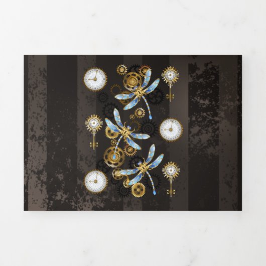 Steampunkdrachenfliegen auf braunem, gestreiften H Dreifach-gefaltete Programmkarte (Cover)