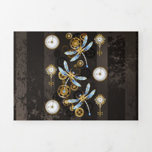 Steampunkdrachenfliegen auf braunem, gestreiften H Dreifach Gefaltete Urlaubskarte (Cover)