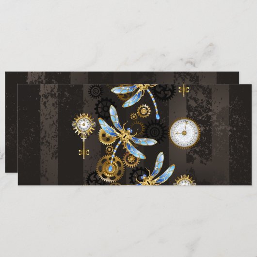 Steampunkdrachenfliegen auf braunem, gestreiften H Einladung (Vorne/Hinten)