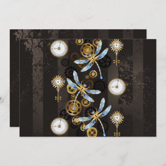 Steampunkdrachenfliegen auf braunem, gestreiften H Einladung (Vorne/Hinten)