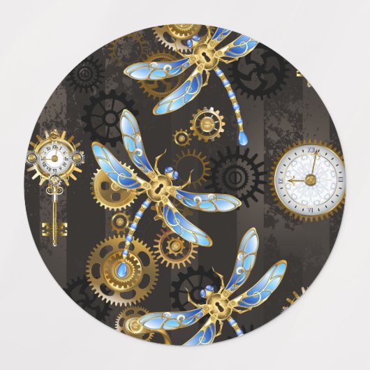 Steampunkdrachenfliegen auf braunem, gestreiften H Etiketten (Design 1)