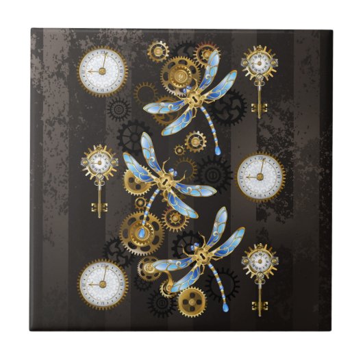 Steampunkdrachenfliegen auf braunem, gestreiften H Fliese (Vorderseite)