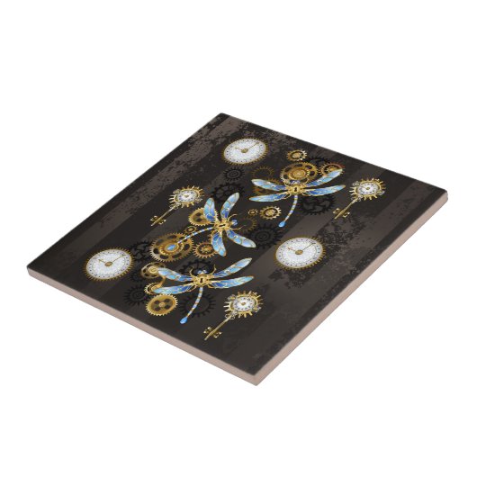 Steampunkdrachenfliegen auf braunem, gestreiften H Fliese (Seite)