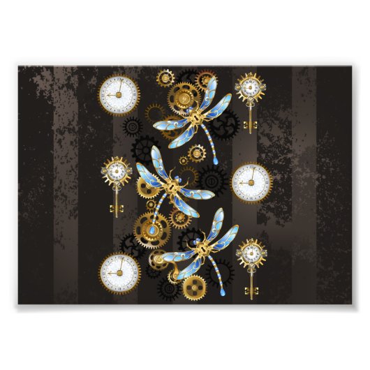 Steampunkdrachenfliegen auf braunem, gestreiften H Fotodruck (Vorne)