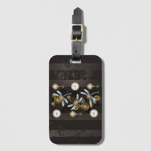 Steampunkdrachenfliegen auf braunem, gestreiften H Gepäckanhänger (Vorderseite Vertikal)