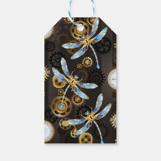 Steampunkdrachenfliegen auf braunem, gestreiften H Geschenkanhänger (Rückseite)