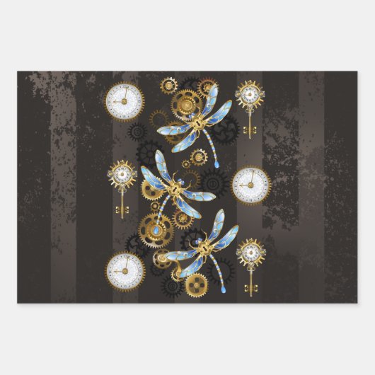 Steampunkdrachenfliegen auf braunem, gestreiften H Geschenkpapier Set (Vorderseite 3)