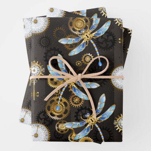 Steampunkdrachenfliegen auf braunem, gestreiften H Geschenkpapier Set (Beispiel)