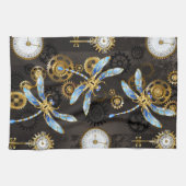 Steampunkdrachenfliegen auf braunem, gestreiften H Geschirrtuch (Horizontal)