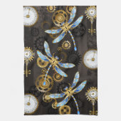 Steampunkdrachenfliegen auf braunem, gestreiften H Geschirrtuch (Vertikal)