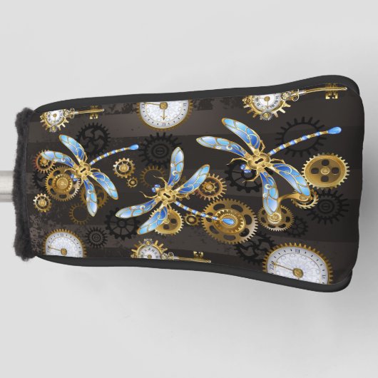 Steampunkdrachenfliegen auf braunem, gestreiften H Golf Headcover (Vorderseite)