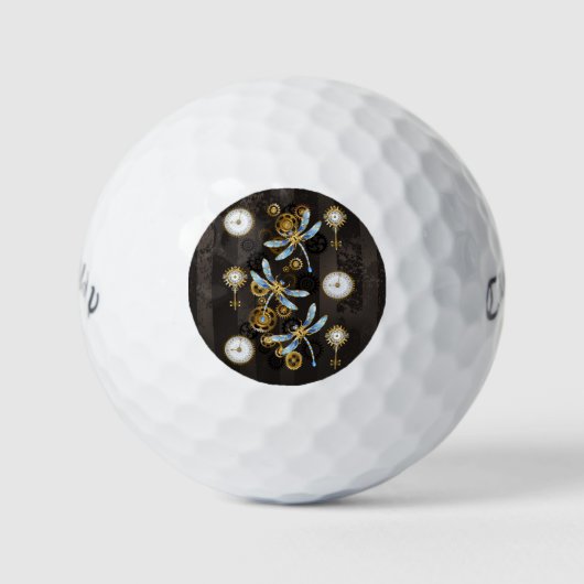 Steampunkdrachenfliegen auf braunem, gestreiften H Golfball (Vorderseite)