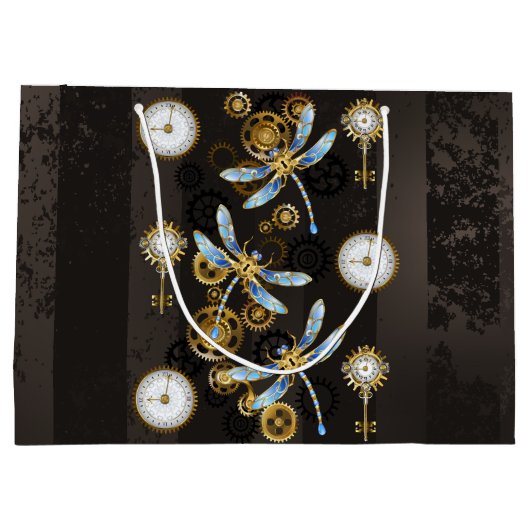 Steampunkdrachenfliegen auf braunem, gestreiften H Große Geschenktüte (Rückseite)