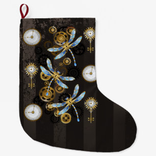 Steampunkdrachenfliegen auf braunem, gestreiften H Großer Weihnachtsstrumpf