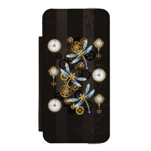 Steampunkdrachenfliegen auf braunem, gestreiften H Incipio iPhone Geldbeutel-Hülle (Folio Vorderseite)