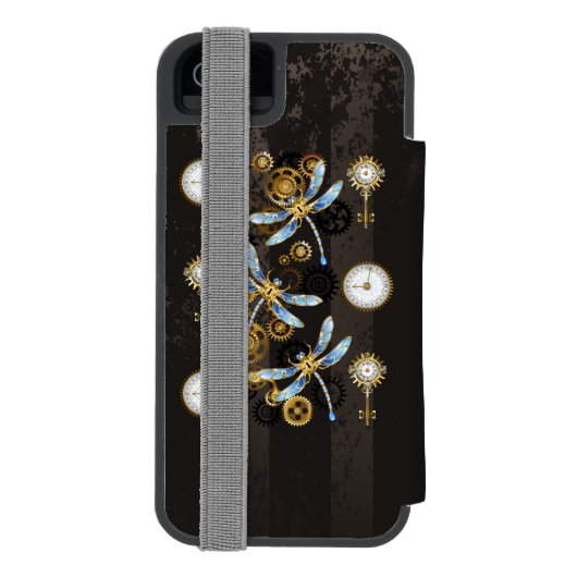 Steampunkdrachenfliegen auf braunem, gestreiften H Incipio iPhone Geldbeutel-Hülle (Folio Rückseite)