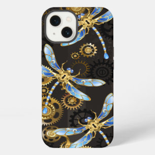 Steampunkdrachenfliegen auf braunem, gestreiften H iPhone 13 Hülle