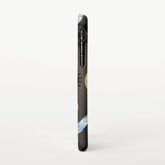 Steampunkdrachenfliegen auf braunem, gestreiften H iPhone Hülle (Linke Seite)