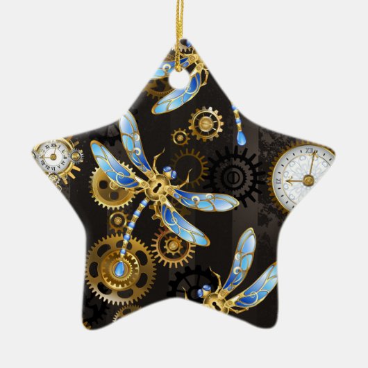 Steampunkdrachenfliegen auf braunem, gestreiften H Keramik Ornament (Vorne)