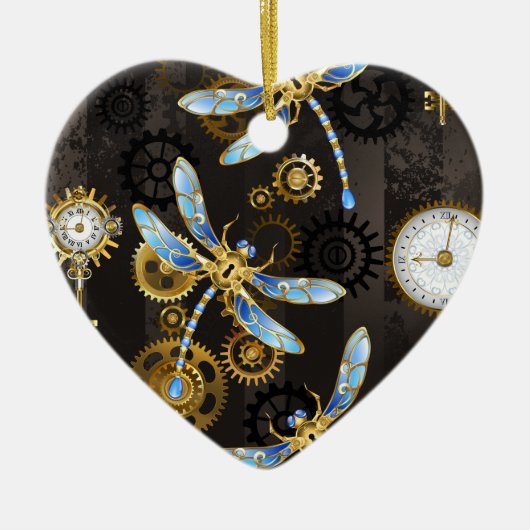 Steampunkdrachenfliegen auf braunem, gestreiften H Keramik Ornament (Vorne)