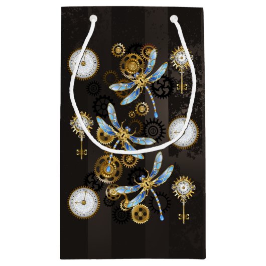 Steampunkdrachenfliegen auf braunem, gestreiften H Kleine Geschenktüte (Rückseite)