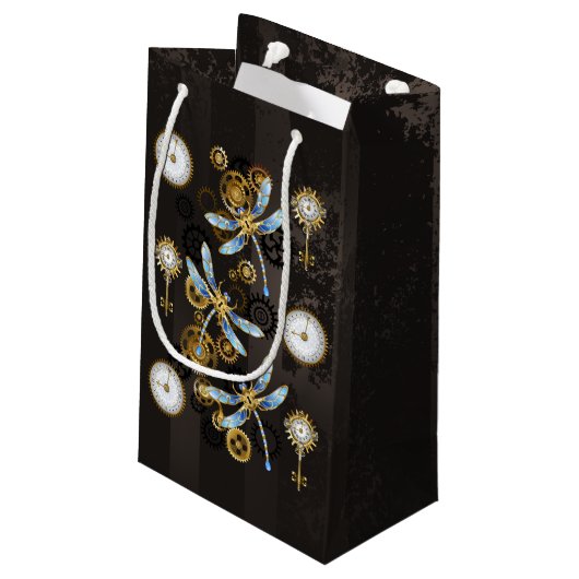 Steampunkdrachenfliegen auf braunem, gestreiften H Kleine Geschenktüte (Rückseite Schrägansicht)