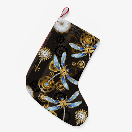 Steampunkdrachenfliegen auf braunem, gestreiften H Kleiner Weihnachtsstrumpf (Vorderansicht (hängend))